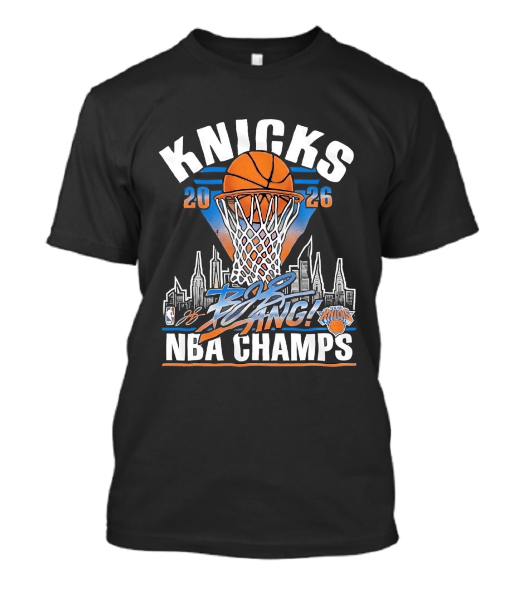Knicks 2026 NBA Champs Bang NYC Skyline Basketball Net Victory T-Shirt