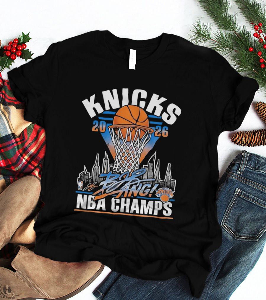 Knicks 2026 NBA Champs Bang NYC Skyline Basketball Net Victory T-Shirt