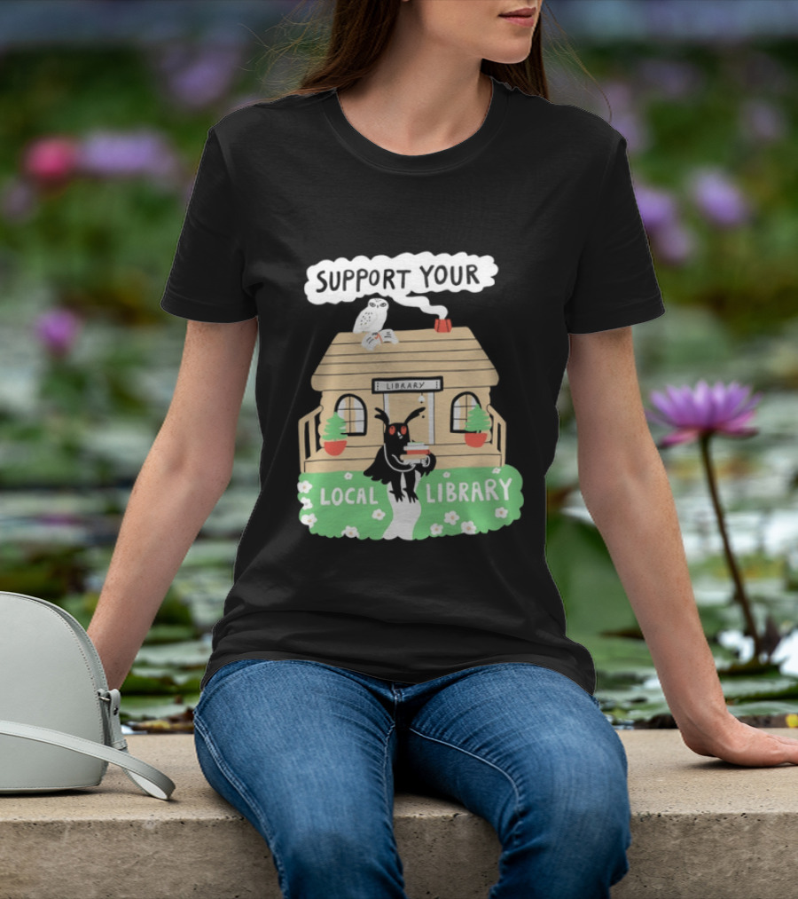 Support Your Local Library Mothman With Books And Cozy Cabin Reading T-Shirt