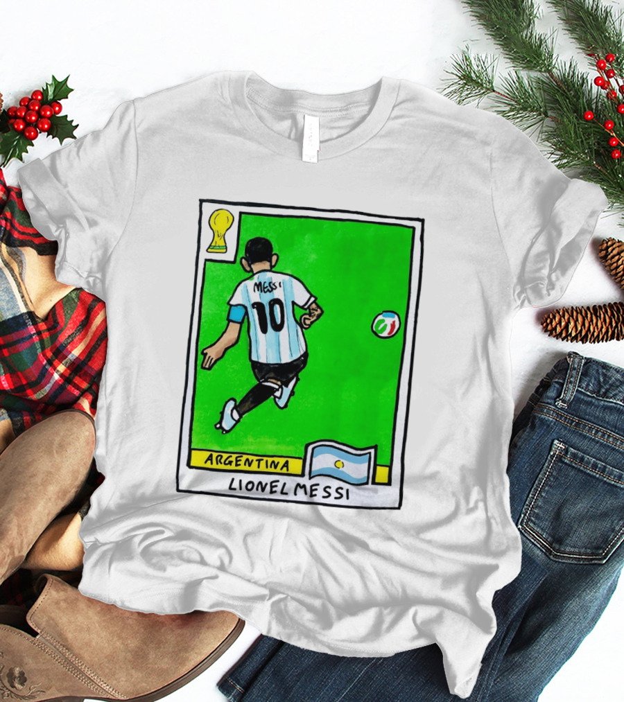 Lionel Messi Argentina Number 10 Football Card With World Cup And National Flag T-Shirt
