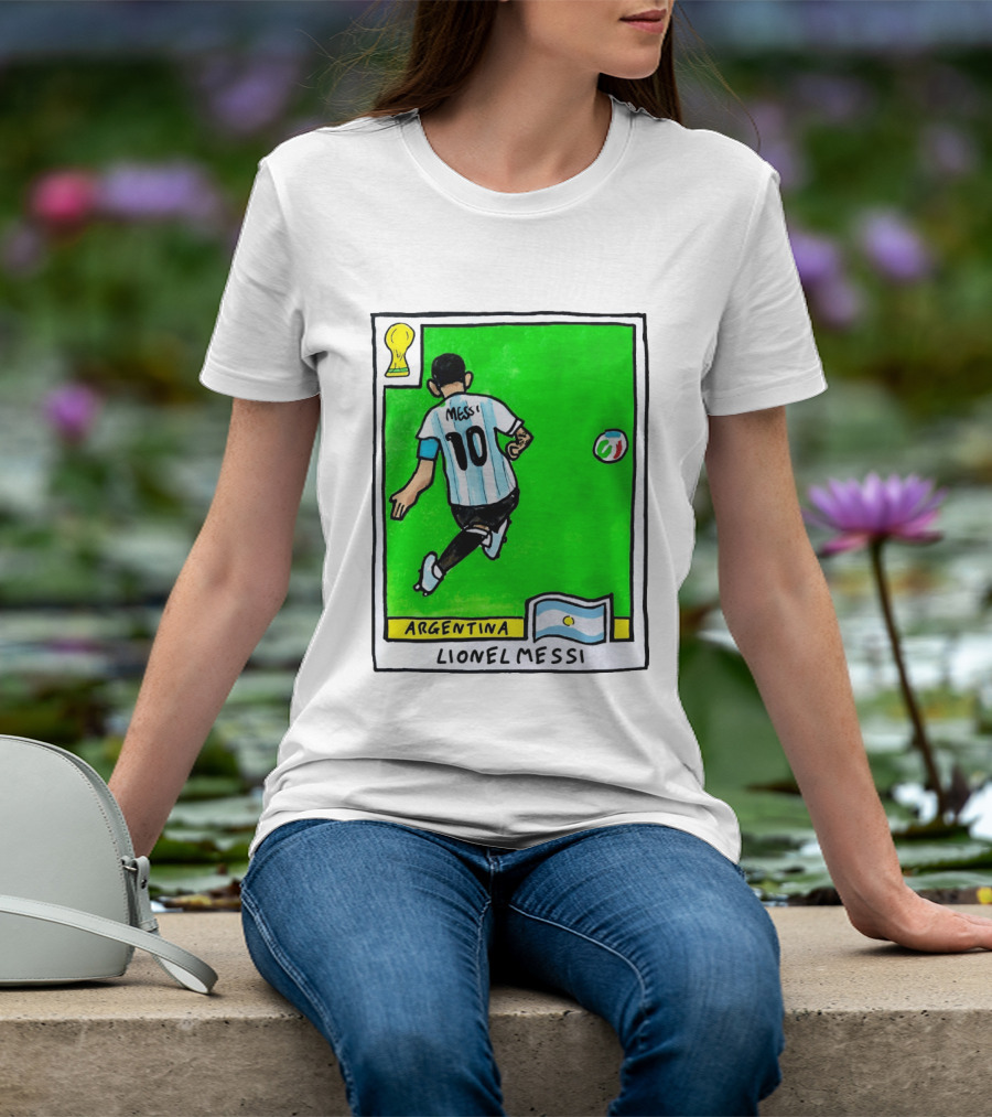 Lionel Messi Argentina Number 10 Football Card With World Cup And National Flag T-Shirt