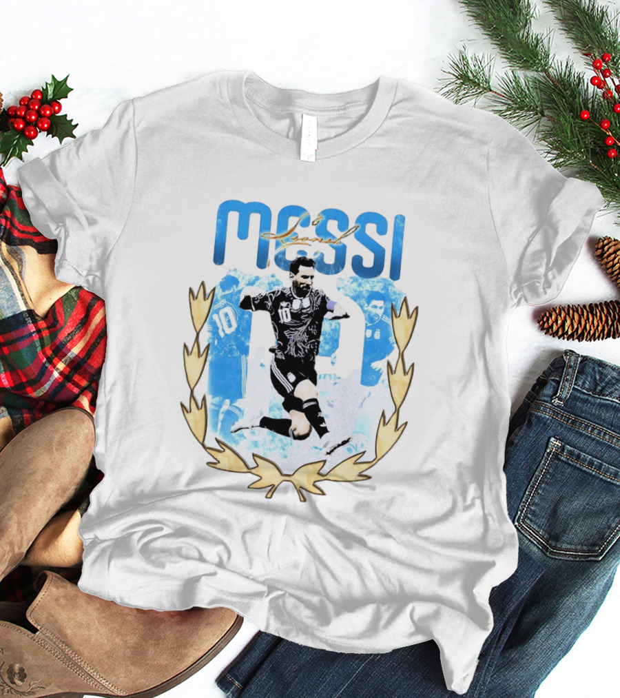Messi 10 Sliding Celebration With Gold Laurel Wreath T-Shirt
