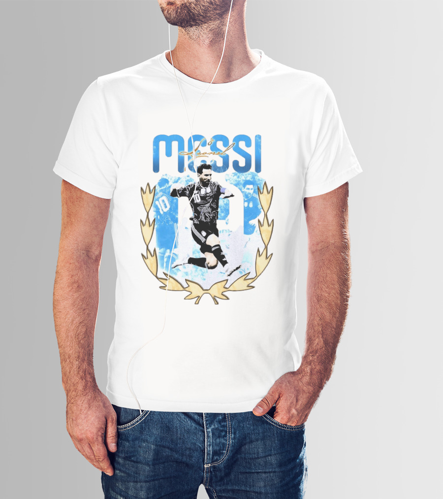 Messi 10 Sliding Celebration With Gold Laurel Wreath T-Shirt