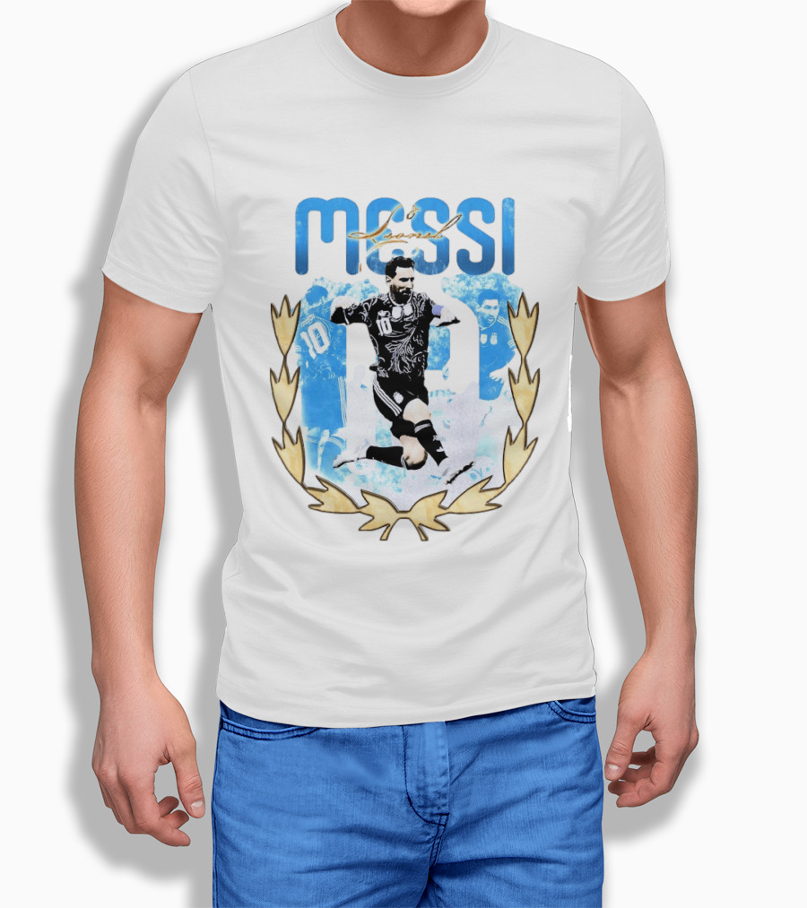 Messi 10 Sliding Celebration With Gold Laurel Wreath T-Shirt