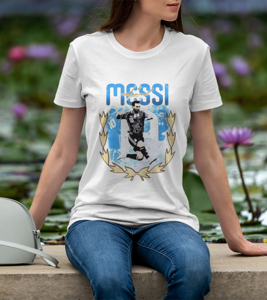 Messi 10 Sliding Celebration With Gold Laurel Wreath T-Shirt