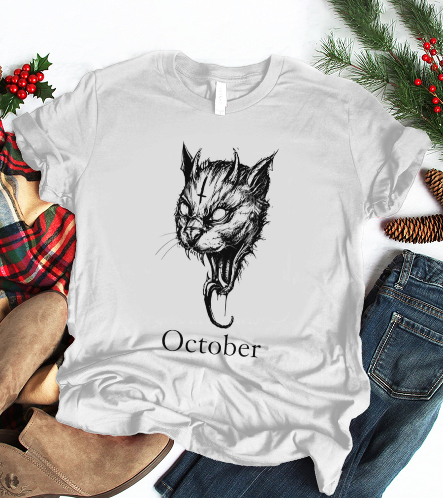 October Demon Cat Gothic Occult Halloween Cat T-Shirt