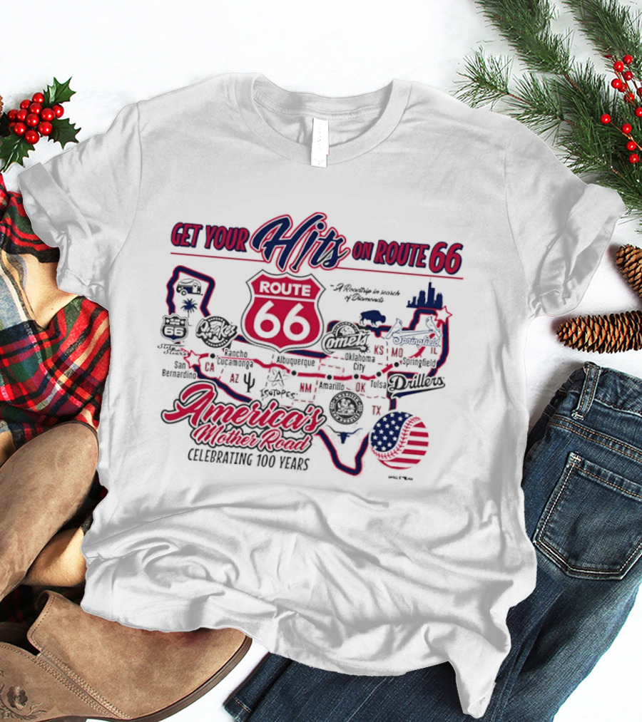 Get Your Hits On Route 66 America's Mother Road Celebrating 100 Years Baseball Map T-Shirt