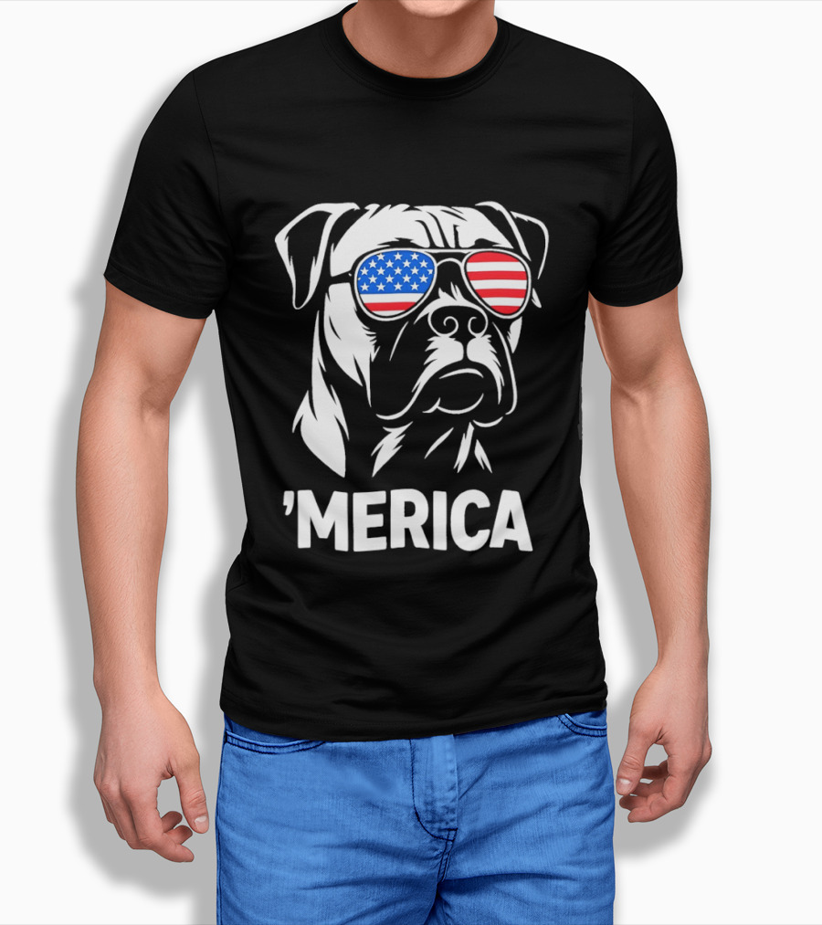American Bulldog With USA Flag Sunglasses 'Merica T-Shirt