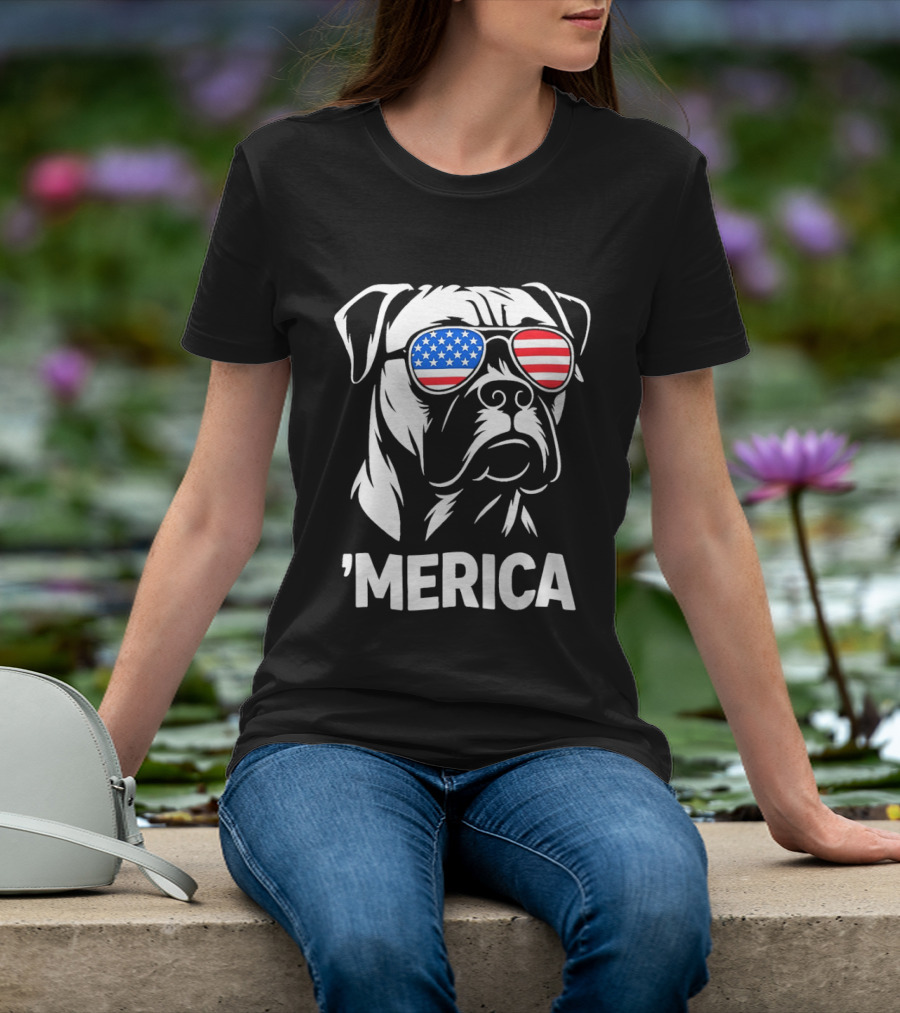 American Bulldog With USA Flag Sunglasses 'Merica T-Shirt