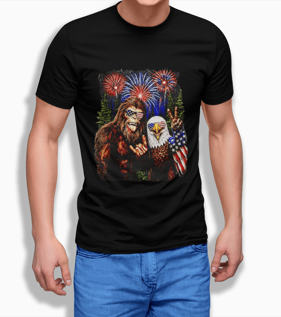 Bigfoot Bald Eagle 4th Of July Fireworks Celebration With American Flag Sunglasses T-Shirt