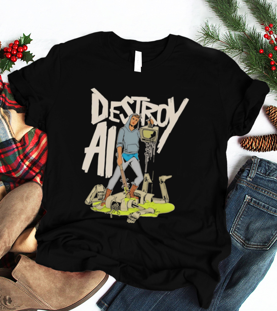 Destroy AI Sci Fi Cyberpunk Robot Resistance Heroic Battle Scene T-Shirt