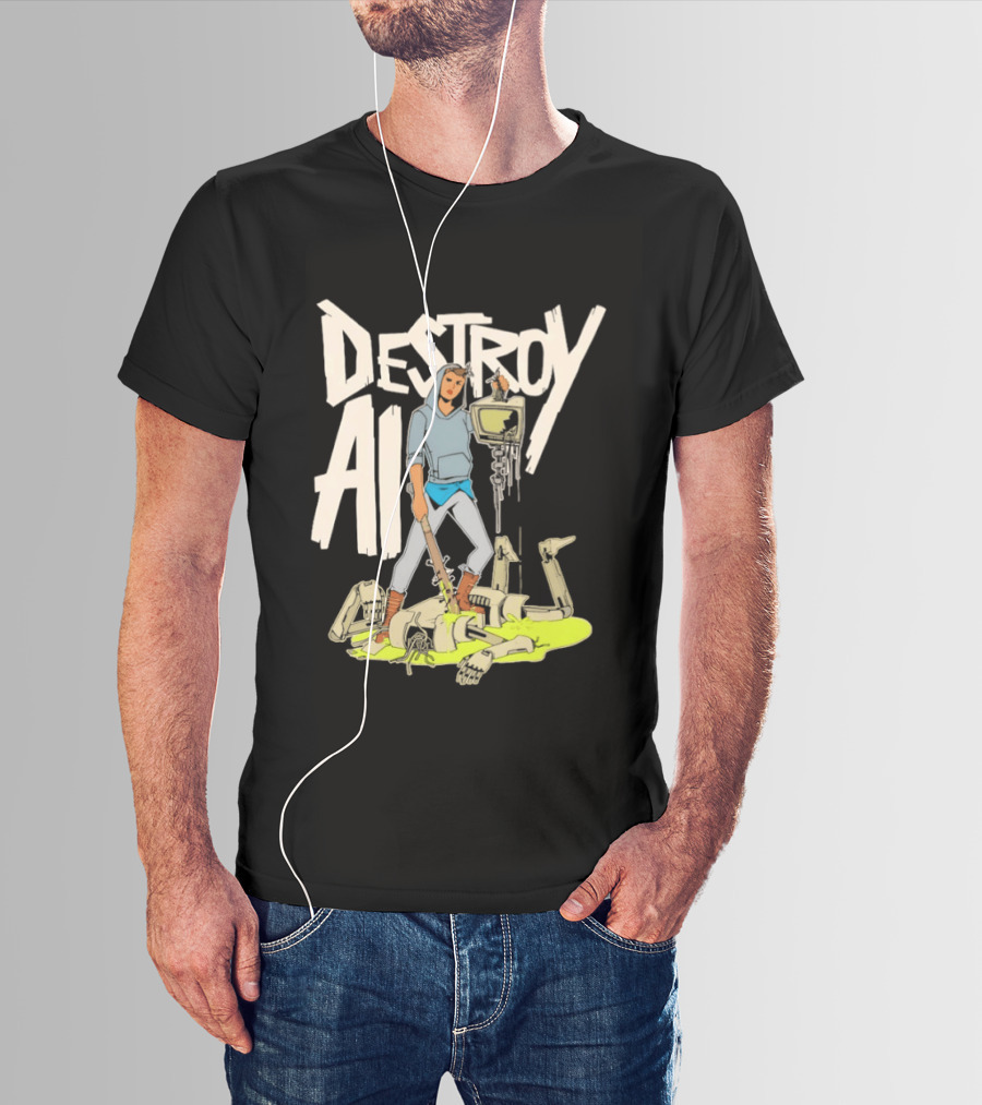Destroy AI Sci Fi Cyberpunk Robot Resistance Heroic Battle Scene T-Shirt