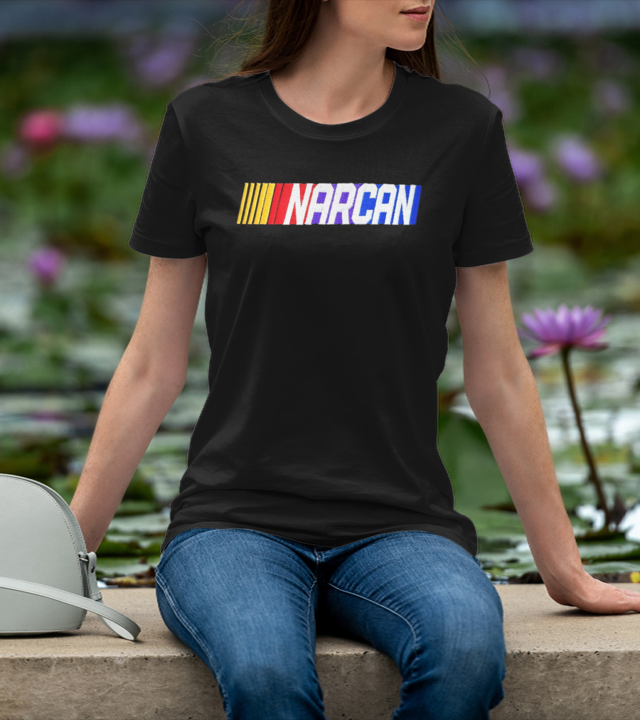 NASCAR Style NARCAN Text With Racing Stripes T-Shirt