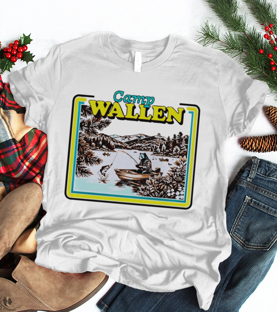 Camp Wallen Bear Fishing In Lake And Mountains Scene T-Shirt