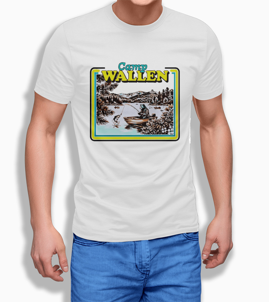 Camp Wallen Bear Fishing In Lake And Mountains Scene T-Shirt