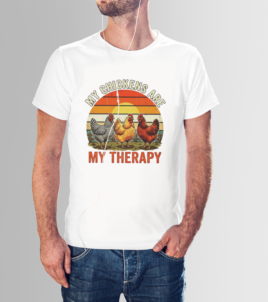 My Chickens Are My Therapy Three Hens Sunset T-Shirt