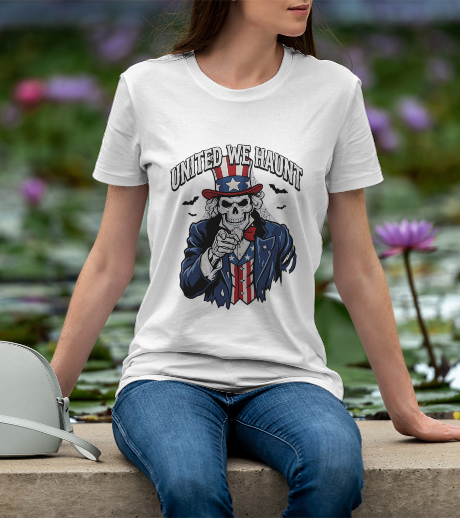Uncle Sam Skeleton Pointing United We Haunt Halloween Bats T-Shirt