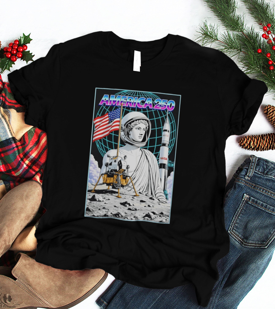 America 250 Apollo Space Rocket NASA Flag Astronaut Statue Moon T-Shirt