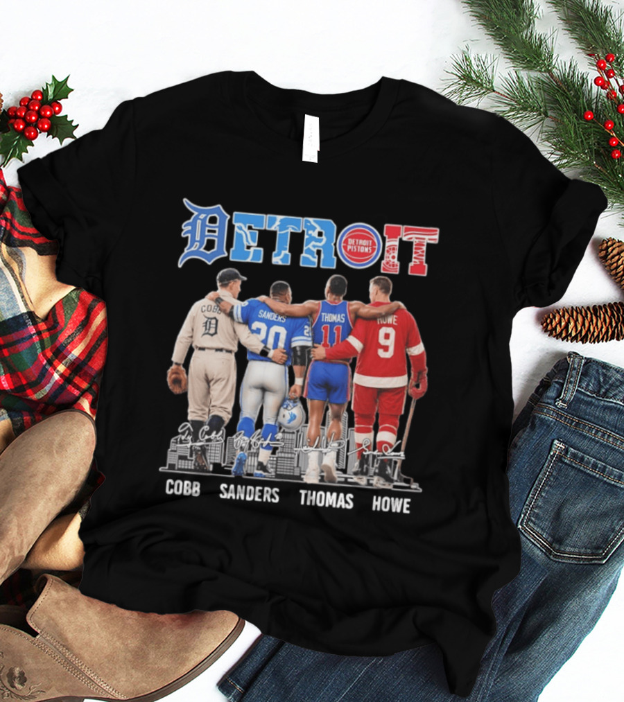Detroit Icons Ty Cobb Barry Sanders Isiah Thomas Gordie Howe Signatures Skyline T-Shirt