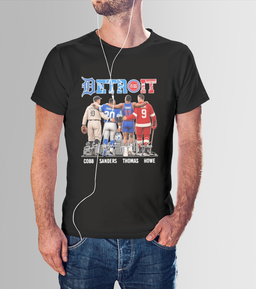 Detroit Icons Ty Cobb Barry Sanders Isiah Thomas Gordie Howe Signatures Skyline T-Shirt