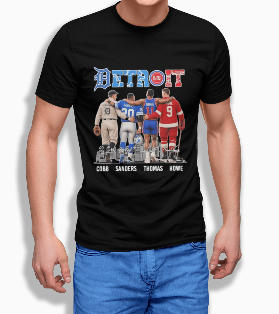 Detroit Icons Ty Cobb Barry Sanders Isiah Thomas Gordie Howe Signatures Skyline T-Shirt