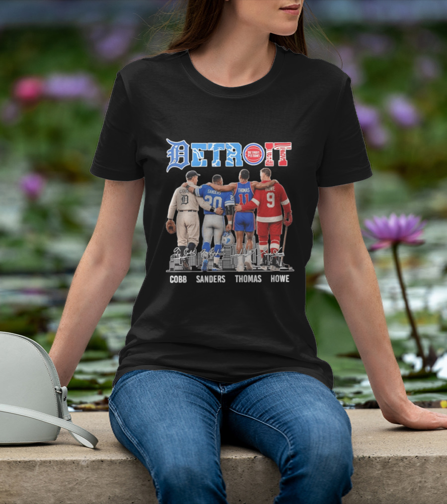Detroit Icons Ty Cobb Barry Sanders Isiah Thomas Gordie Howe Signatures Skyline T-Shirt