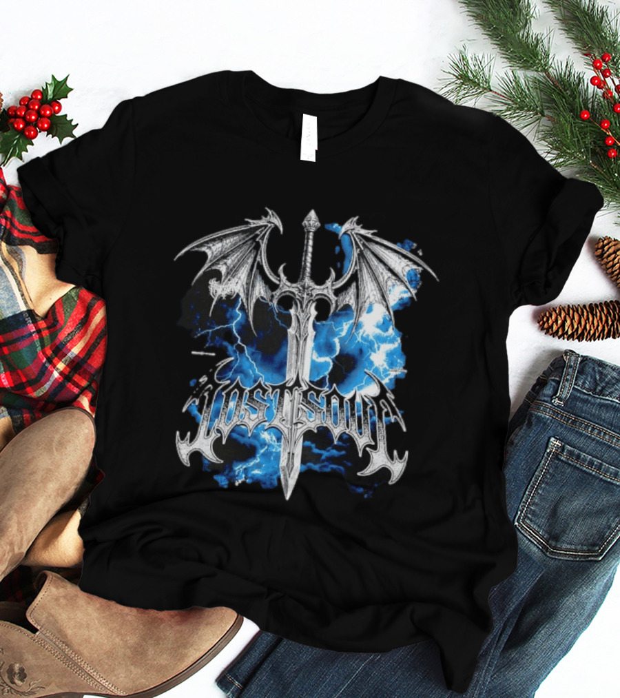 Lost Soul Gothic Sword With Wings And Blue Lightning T-Shirt