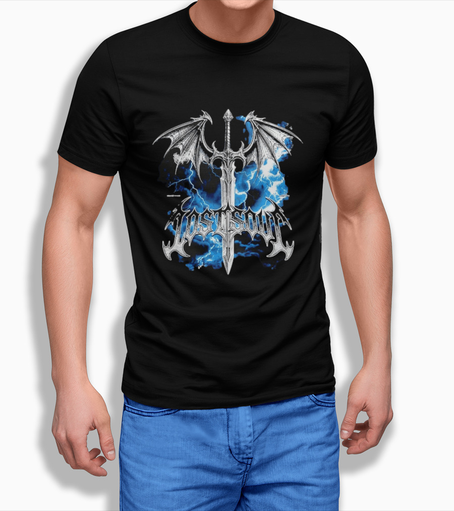 Lost Soul Gothic Sword With Wings And Blue Lightning T-Shirt