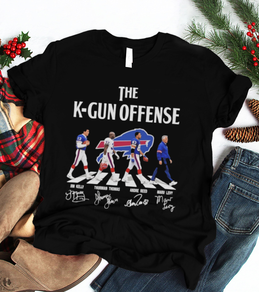 The K Gun Offense Buffalo Bills Jim Kelly Thurman Thomas Andre Reed Marv Levy Abbey Road With Signatures T-Shirt