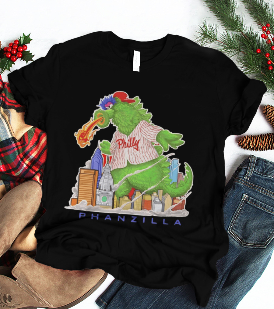 Phillie Phanatic Phanzilla Cityscape Fire Breathing Baseball T-Shirt