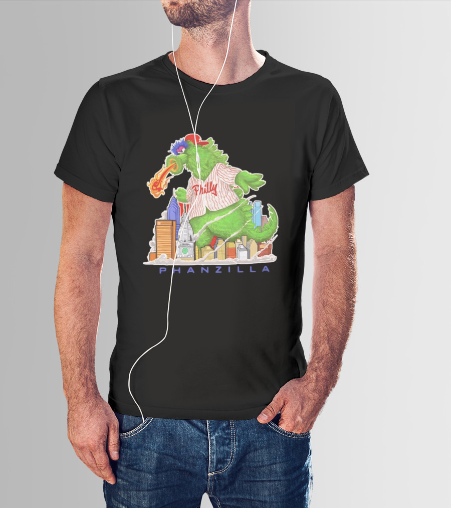 Phillie Phanatic Phanzilla Cityscape Fire Breathing Baseball T-Shirt