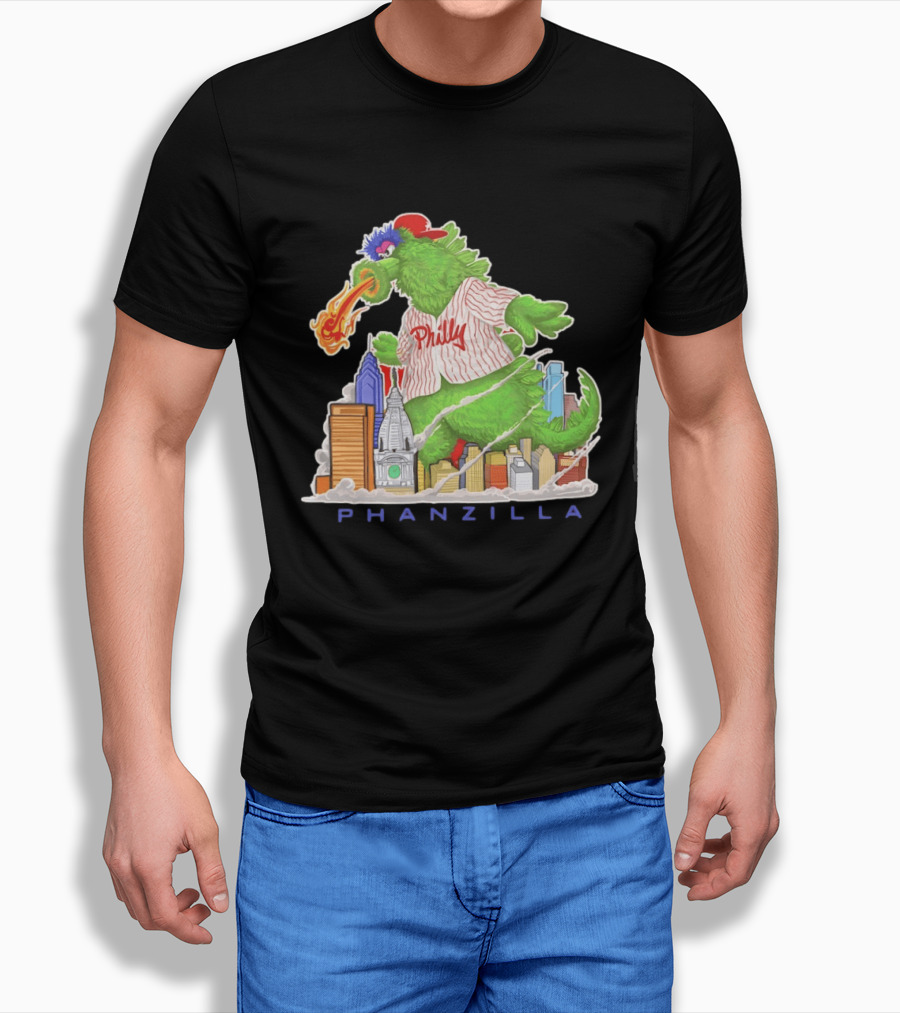 Phillie Phanatic Phanzilla Cityscape Fire Breathing Baseball T-Shirt