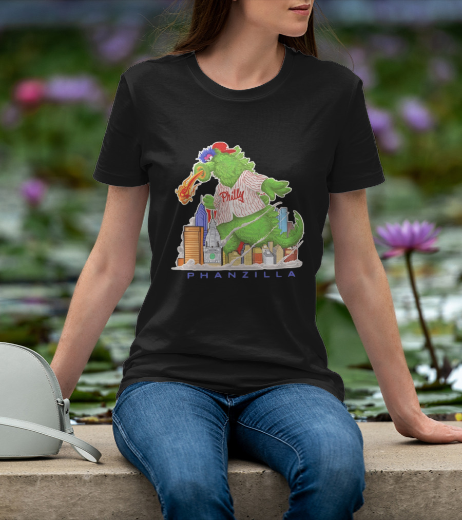 Phillie Phanatic Phanzilla Cityscape Fire Breathing Baseball T-Shirt