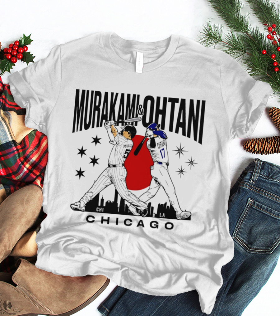Murakami Ohtani Chicago Baseball Crossed Bats Skyline Stars Red Sun Japan T-Shirt