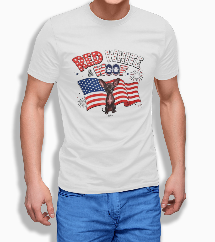 Chihuahua Red White And Woof US Flag Fireworks Celebration T-Shirt