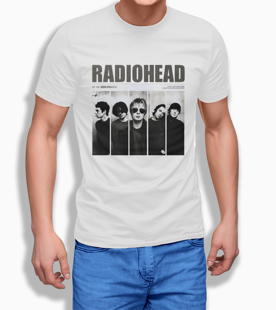Radiohead Band Members Thom Yorke Jonny Greenwood Established 1985 I Don't Belong Here I Don't Belong Anywhere T-Shirt