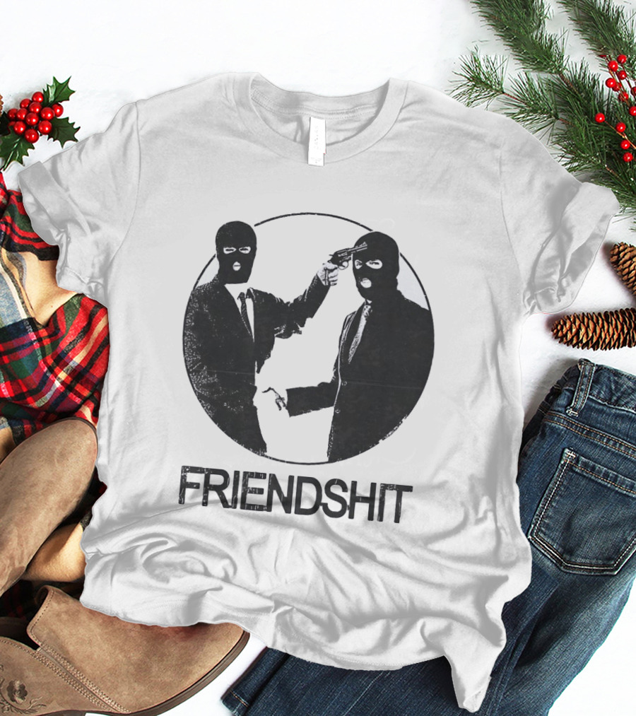 FRIENDSHIT Ski Mask Men Handshaking Gun Gesture T-Shirt
