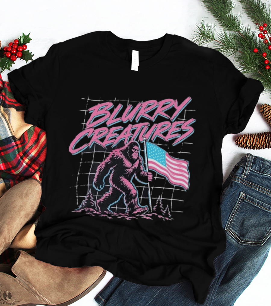 Blurry Creatures Bigfoot Holding American Flag With Retro Grid T-Shirt