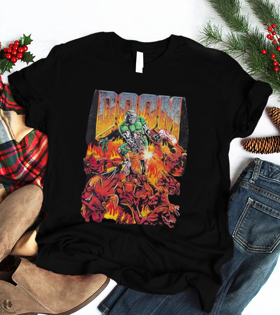 Doom Marine Warren Lotas Retro Video Game Demon Slayer Action Scene T-Shirt