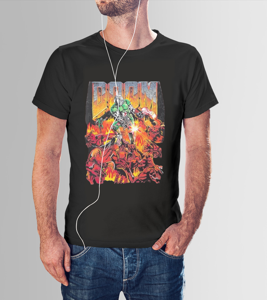 Doom Marine Warren Lotas Retro Video Game Demon Slayer Action Scene T-Shirt