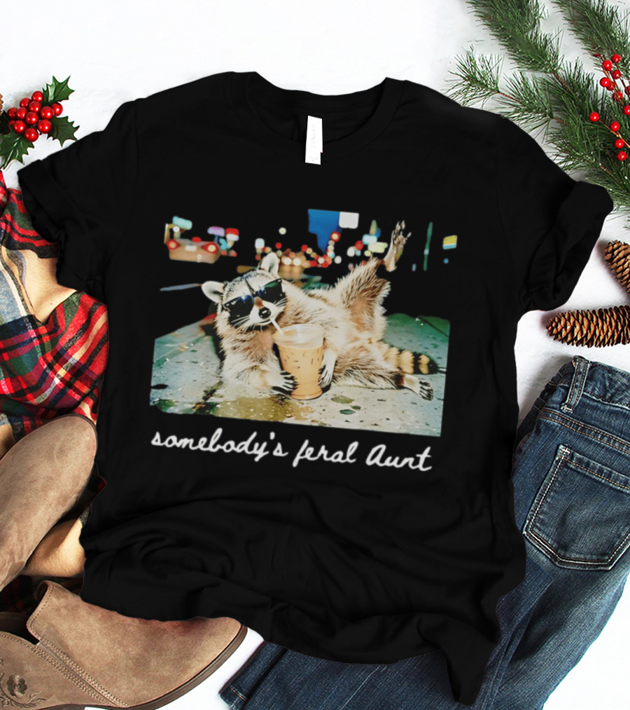 Somebody's Feral Aunt Raccoon Drinking Iced Coffee T-Shirt