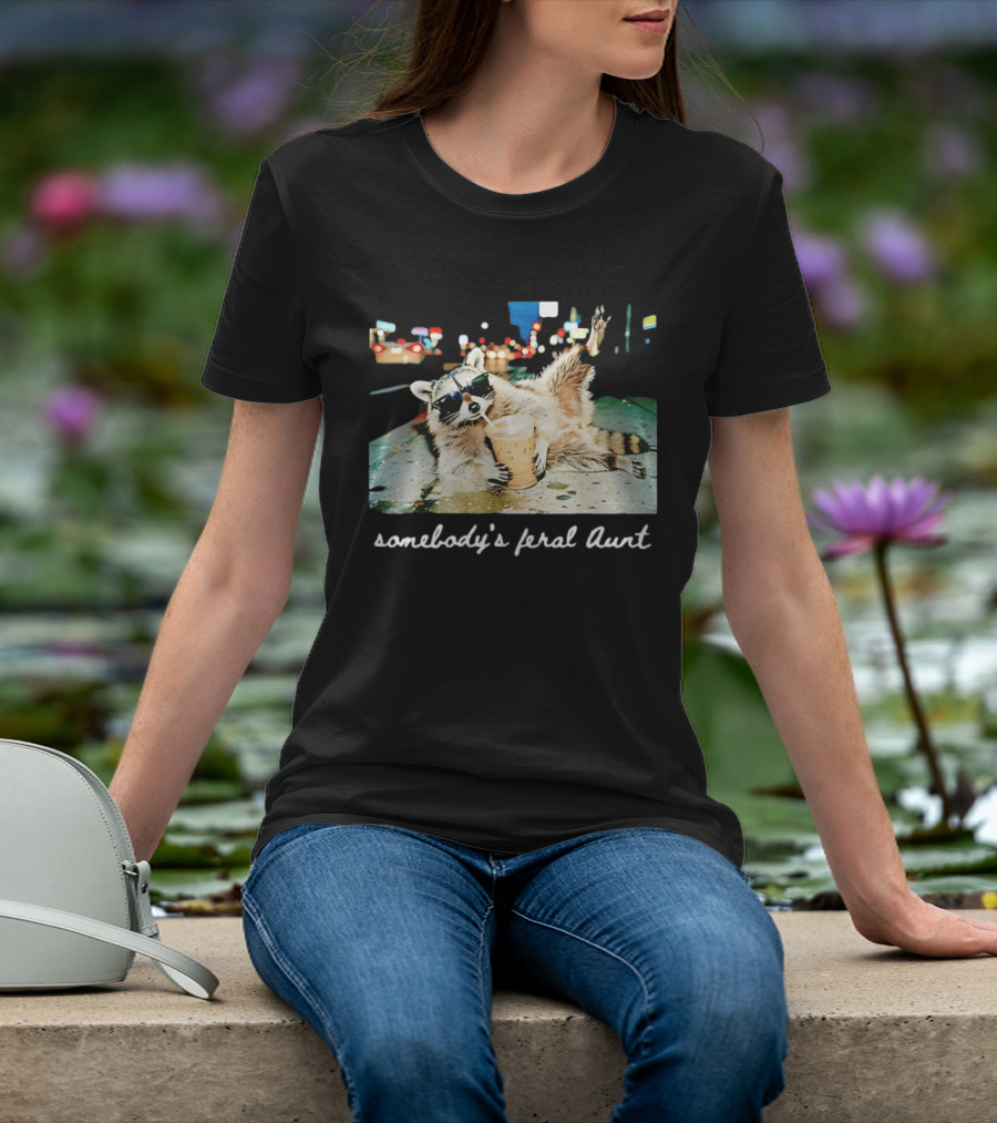 Somebody's Feral Aunt Raccoon Drinking Iced Coffee T-Shirt