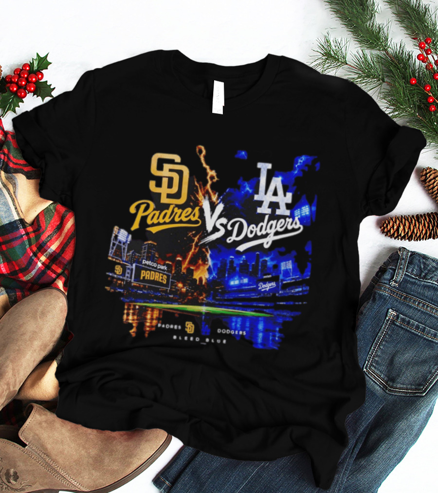 San Diego Padres Vs Los Angeles Dodgers Bleed Blue Petco Park Stadium Lightning T-Shirt