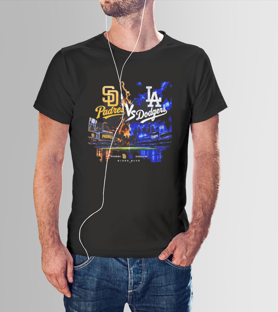 San Diego Padres Vs Los Angeles Dodgers Bleed Blue Petco Park Stadium Lightning T-Shirt