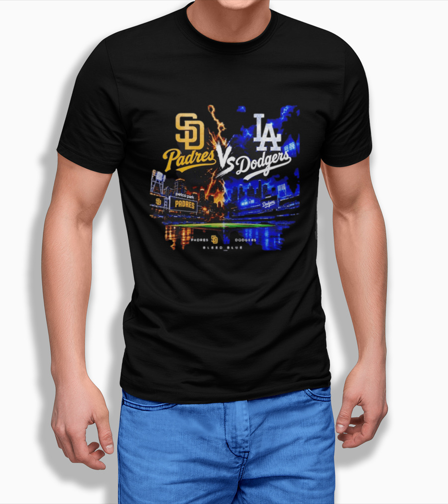 San Diego Padres Vs Los Angeles Dodgers Bleed Blue Petco Park Stadium Lightning T-Shirt
