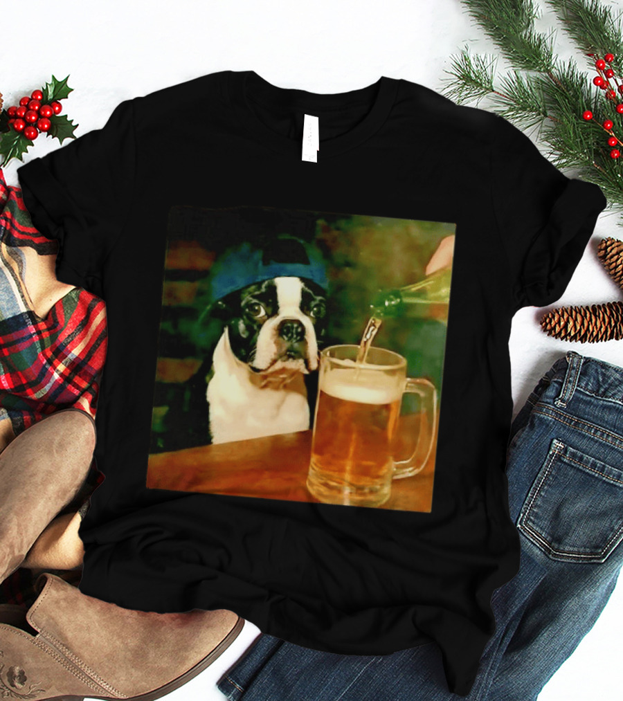 Boston Terrier Baseball Cap Drinking Beer T-Shirt