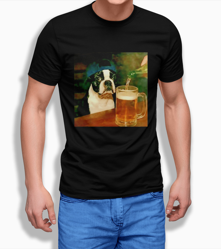 Boston Terrier Baseball Cap Drinking Beer T-Shirt