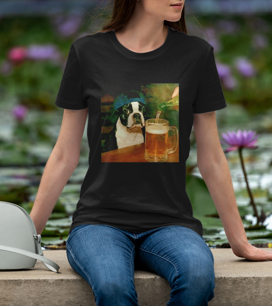 Boston Terrier Baseball Cap Drinking Beer T-Shirt