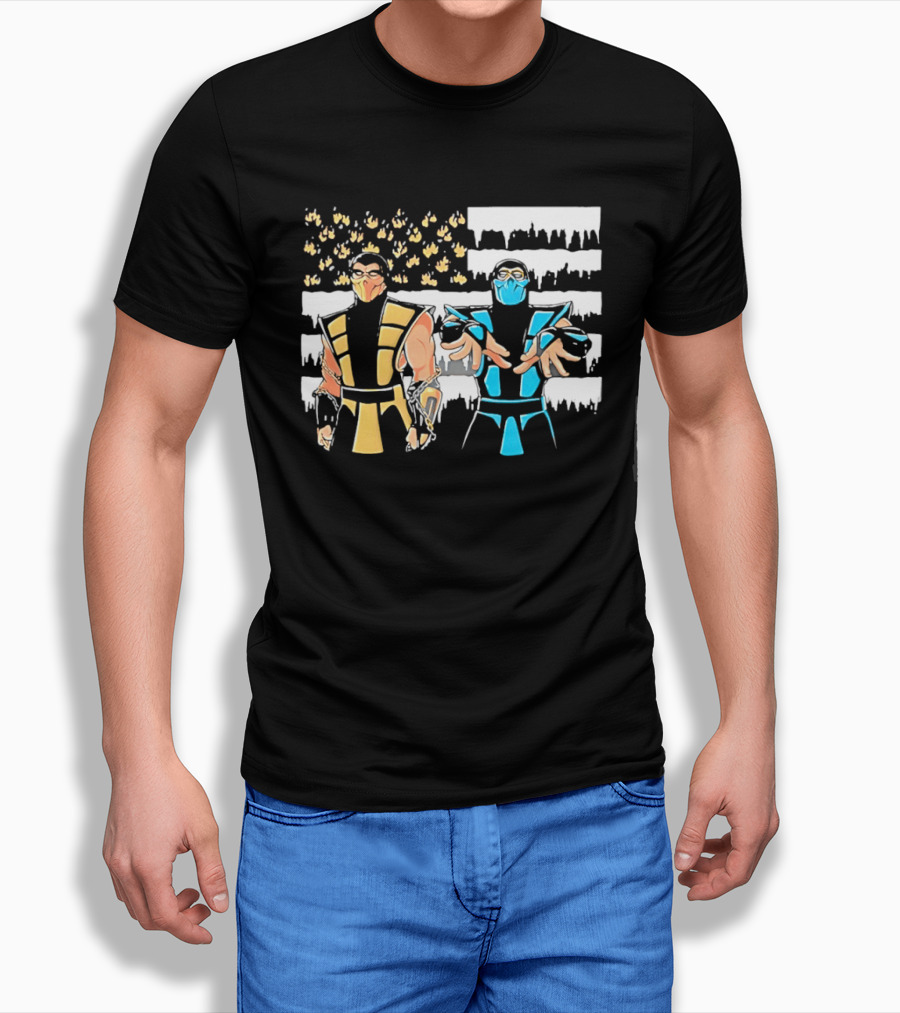 Mortal Kombat Scorpion Sub Zero Fire Ice American Flag T-Shirt
