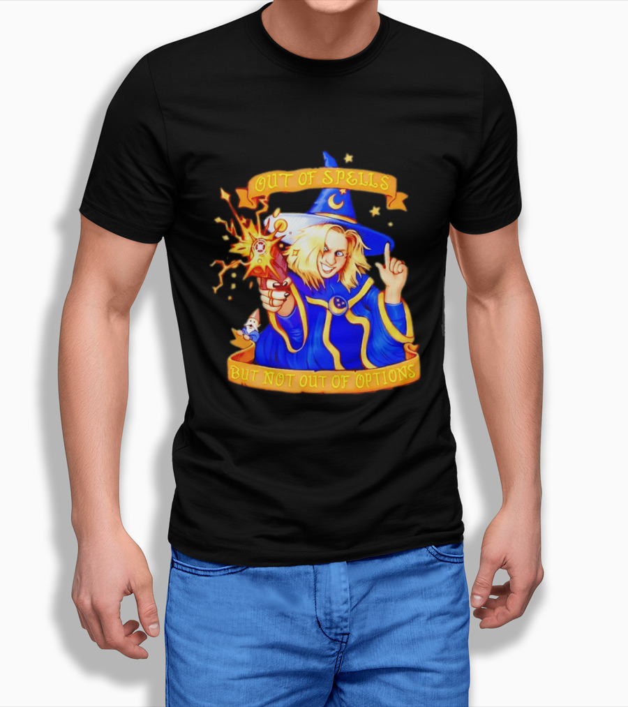 Greg The Sorcerer Out Of Spells Not Out Of Options Enchanting Wizard With Wand And Magic Aura T-Shirt
